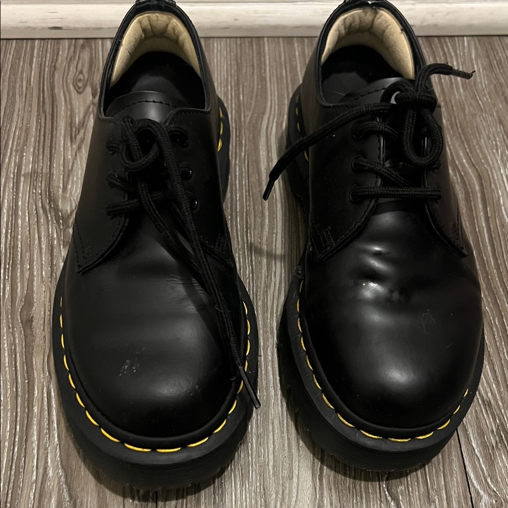 Dr. Martens Black Leather Shoes with Yellow Stitching